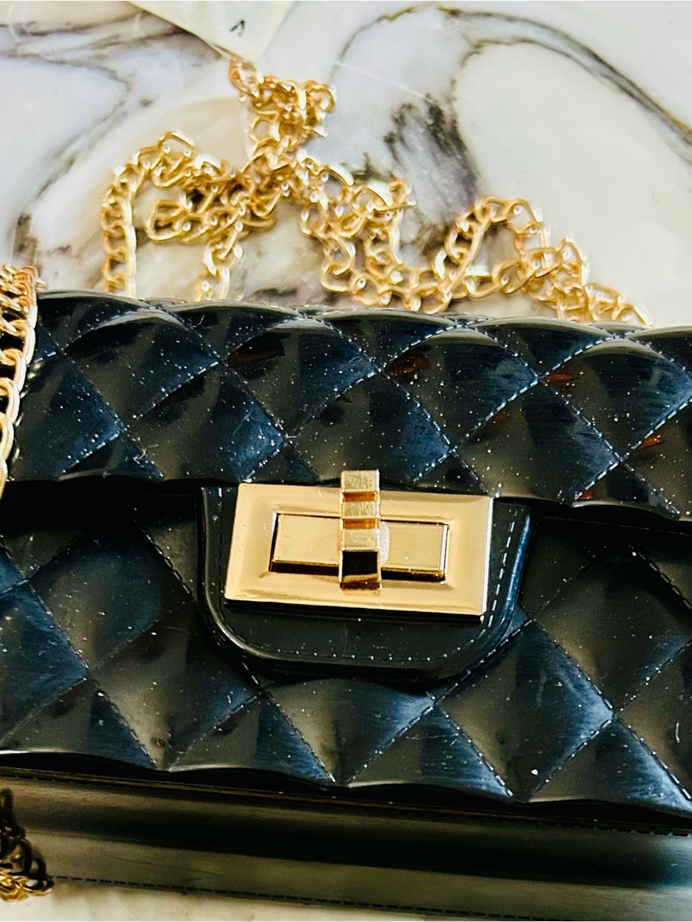 Quilted Black Patent Chain Shoulder Bag with Gold Hardware